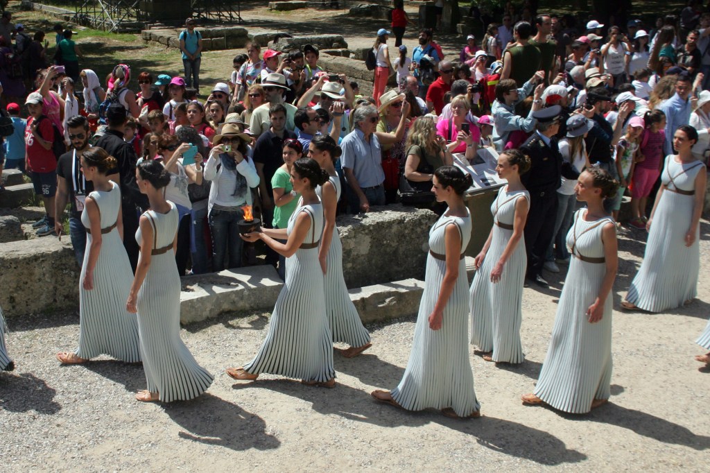 OLYMPIA, GREECE - APRIL 20: High pristesses perform at the Ancient Stadium during the Rehearsal for the Lighting Ceremony of the Olympic Flame at Ancient Olympia on April 20, 2016 in Olympia, Greece. (Photo by Milos Bicanski/Getty Images)