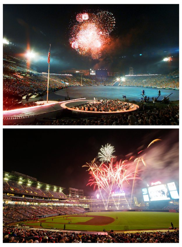 This photo combo shows a July 19, 1996 file photo of the 1996 Summer Olympic Games opening ceremony at Centennial Olympic Stadium, top, and a Friday July 15, 2016 photo of fireworks after an Atlanta Braves baseball game at what is now named Turner Field in Atlanta. The 85,000-seat main stadium was the site of athletics and both the opening and closing ceremonies. Afterward, the arena was converted into a 50,000-seat baseball park and renamed after the Braves' owner, Ted Turner. The Braves have fallen on hard times and are moving to SunTrust Park in 2017. Georgia State is exploring the possibility of another conversion, which would downsize Turner Field into a 30,000-seat football stadium. (AP Photo/Ed Reinke, File, John Bazemore)