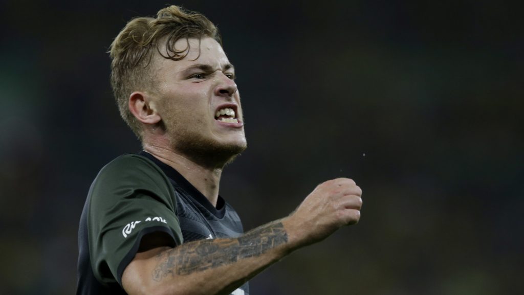Germany's Maximilian Meyer celebrates scoring his side's first goal during the final match of the men's Olympic football tournament between Brazil and Germany at Maracana stadium in Rio de Janeiro, Brazil, Saturday, Aug. 20, 2016. (AP Photo/Leo Correa)