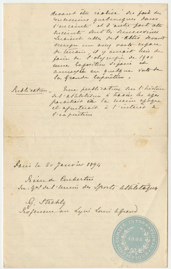 Pierre de Coubertin letter