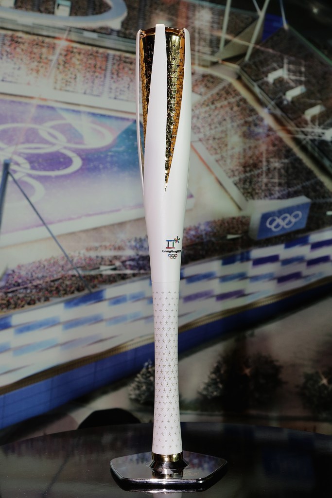 GANGNEUNG, SOUTH KOREA - FEBRUARY 09: PyeongChang 2018 The Olympic Torch displayed at the Unveiling Ceremony of the Olympic Torch and Uniform at the PyeongChang 2018 One Year to Go Ceremony at Gangneung Hockey Center on February 9, 2017 in Gangneung, South Korea. (Photo by Han Myung-Gu/Getty Images)