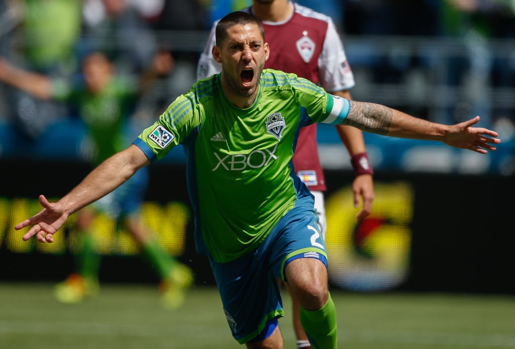 SEATTLE, WA - APRIL 26: Clint Dempsey #2 of the Seattle Sounders FC reacts after scoring his second goal against the Colorado Rapids at CenturyLink Field on April 26, 2014 in Seattle, Washington. The Sounders defeated the Rapids 4-1. (Photo by Otto Greule Jr/Getty Images) *** Local Caption *** Clint Dempsey