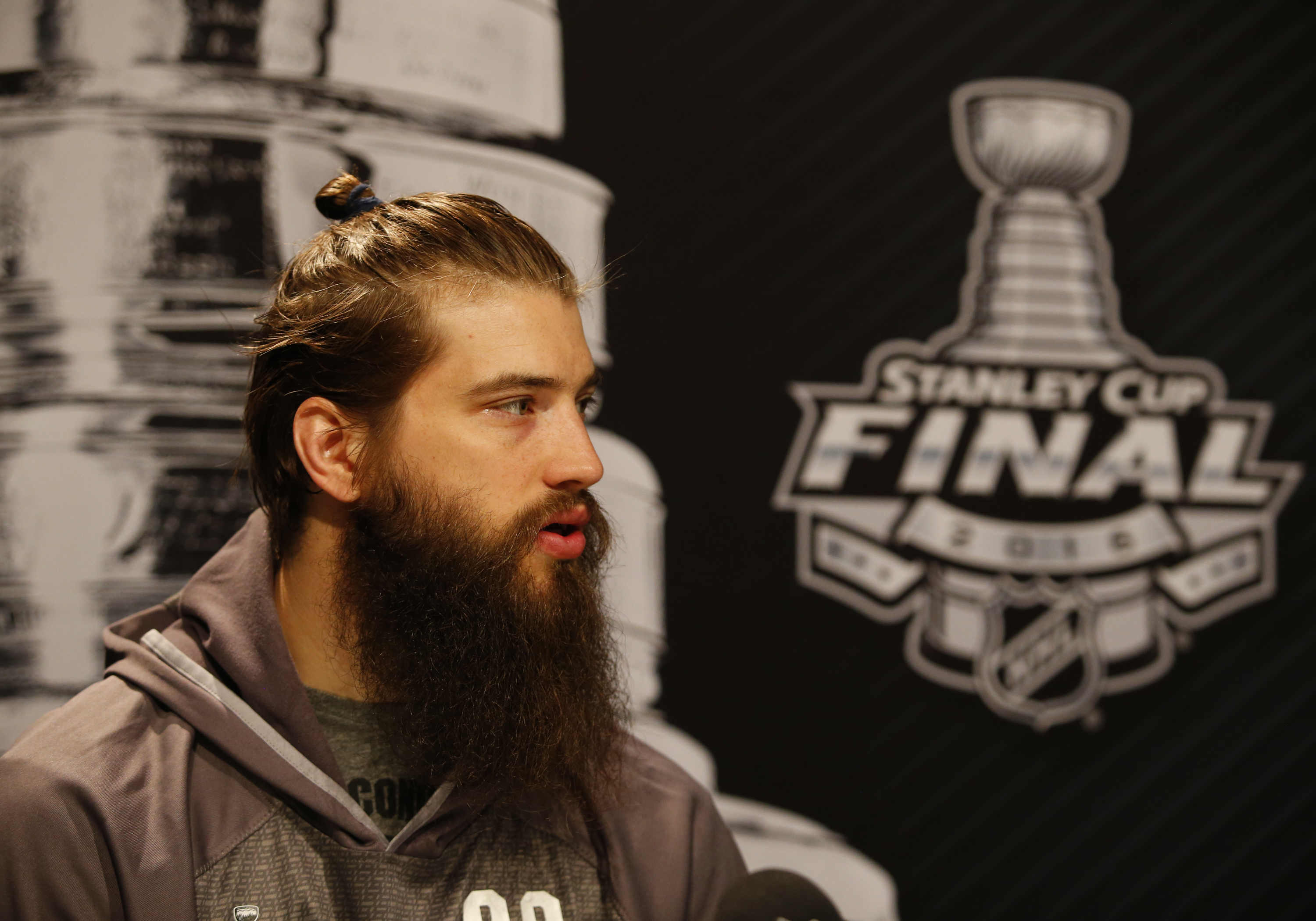 PITTSBURGH, PA - MAY 29: Brent Burns #88 of the San Jose Sharks addresses the media during the NHL Stanley Cup Final Media Day at Consol Energy Center on May 29, 2016 in Pittsburgh, Pennsylvania. (Photo by Justin K. Aller/Getty Images)