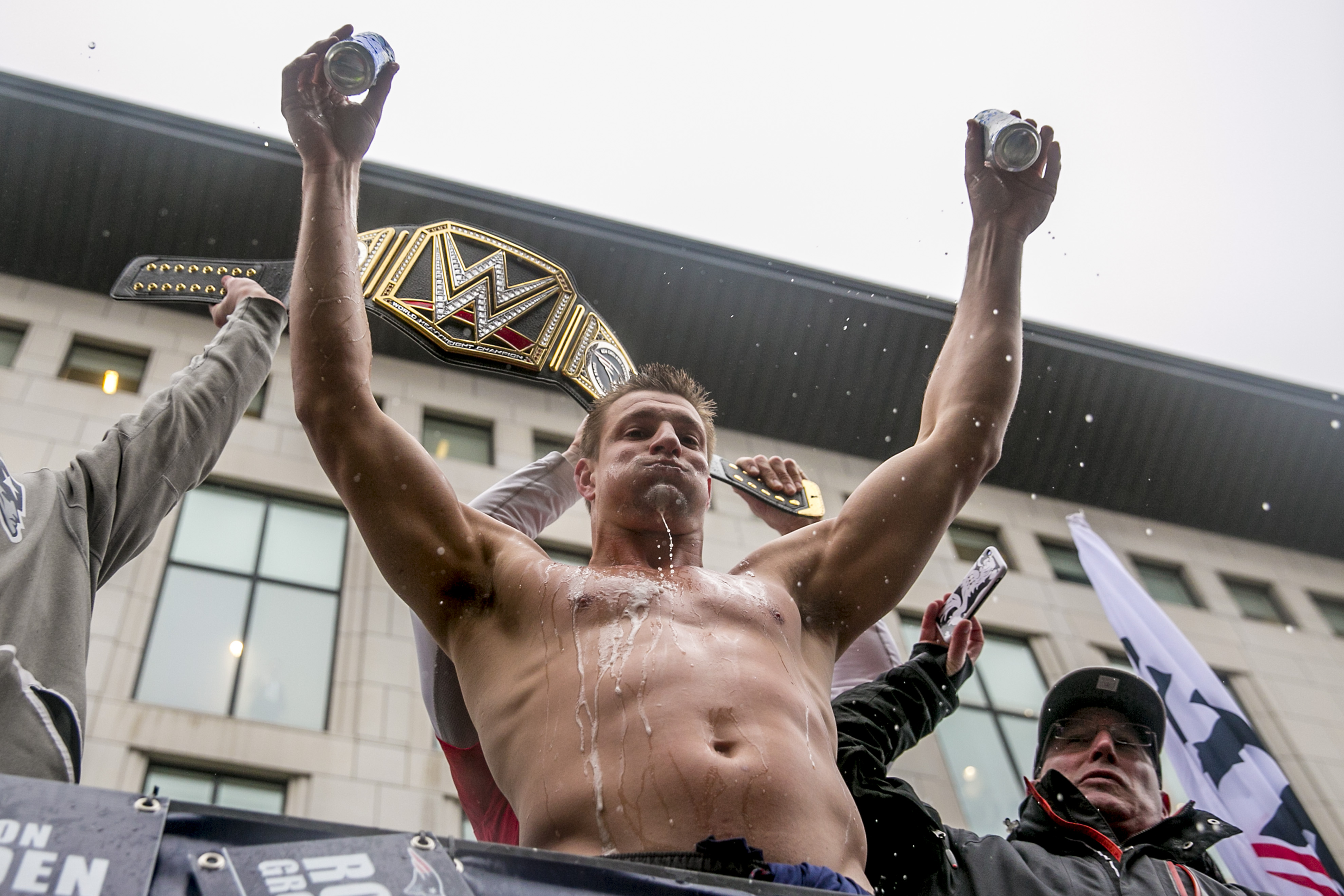 BOSTON, MA - FEBRUARY 07: Rob Gronkowski of the New England Patriots celebrates during the Super Bowl victory parade on February 7, 2017 in Boston, Massachusetts. The Patriots defeated the Atlanta Falcons 34-28 in overtime in Super Bowl 51. (Photo by Billie Weiss/Getty Images)