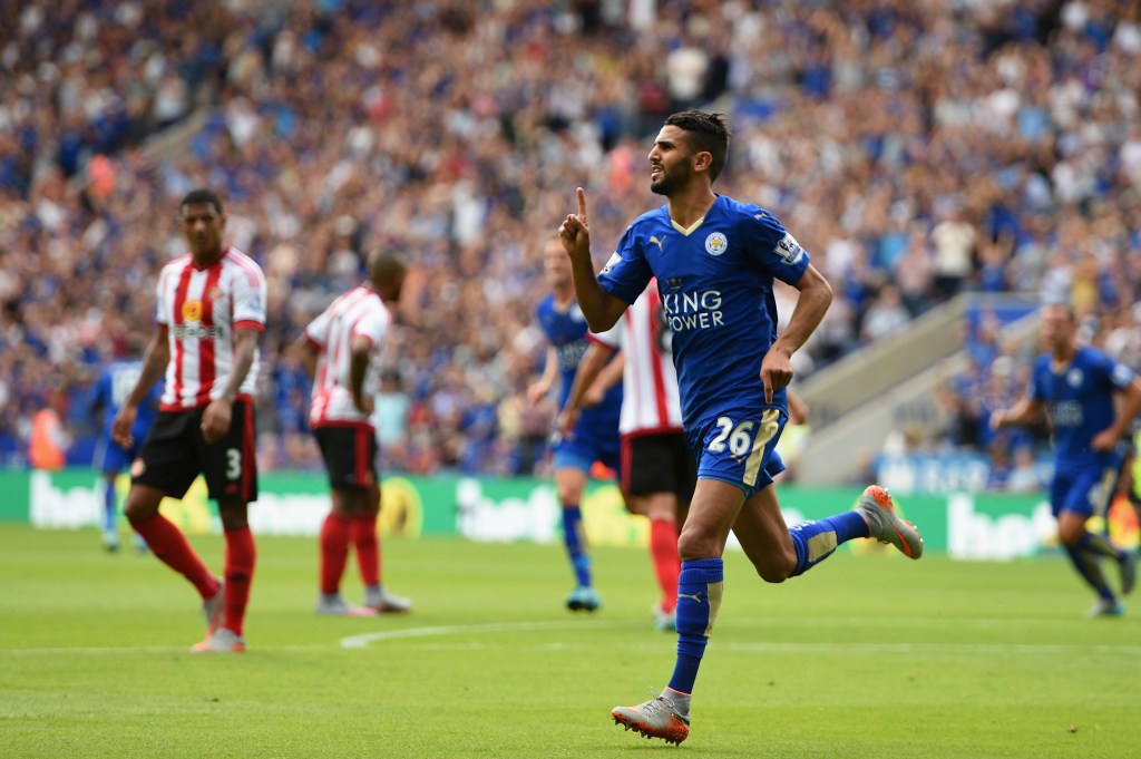 LEICESTER, ENGLAND - AUGUST 08: Riyad Mahrez of Leicester City celebrates scoring his team's second goal during the Barclays Premier League match between Leicester City and Sunderland at The King Power Stadium on August 8, 2015 in Leicester, England. (Photo by Ross Kinnaird/Getty Images)