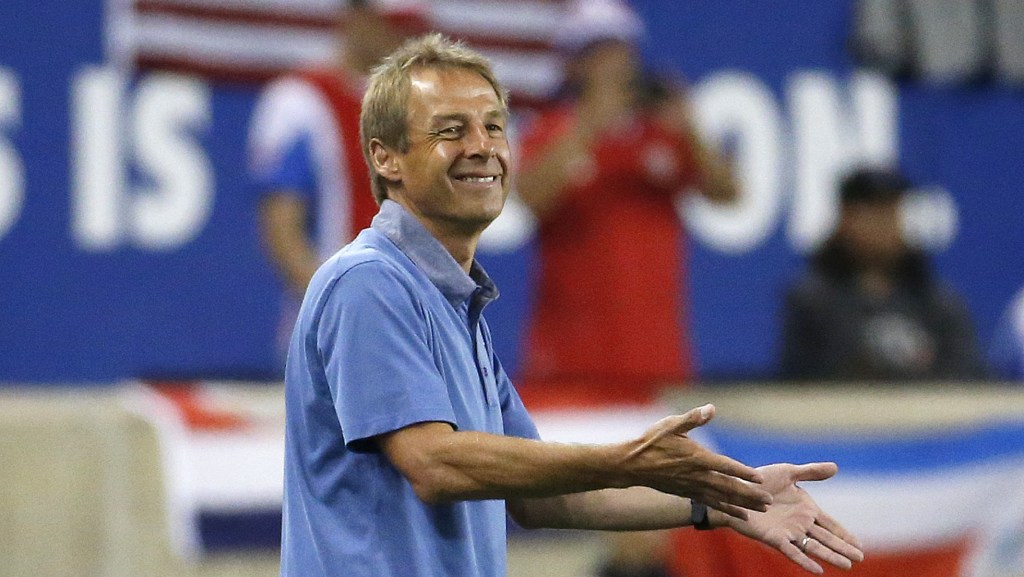 United States head coach Jurgen Klinsmann reacts during the first half of a international soccer friendly match against Costa Rica, Tuesday, Oct. 13, 2015, in Harrison, N.J. (AP Photo/Julio Cortez)