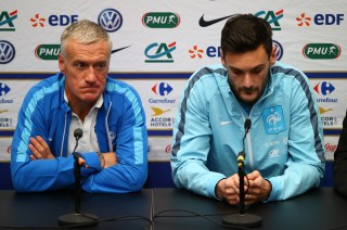 LONDON, ENGLAND - NOVEMBER 16: (L-R) Didier Deschamps the head coach of France and Hugo Lloris the captain of France address the media during the France Press Conference at Wembley Stadium on November 16, 2015 in London, England. (Photo by Clive Rose/Getty Images)