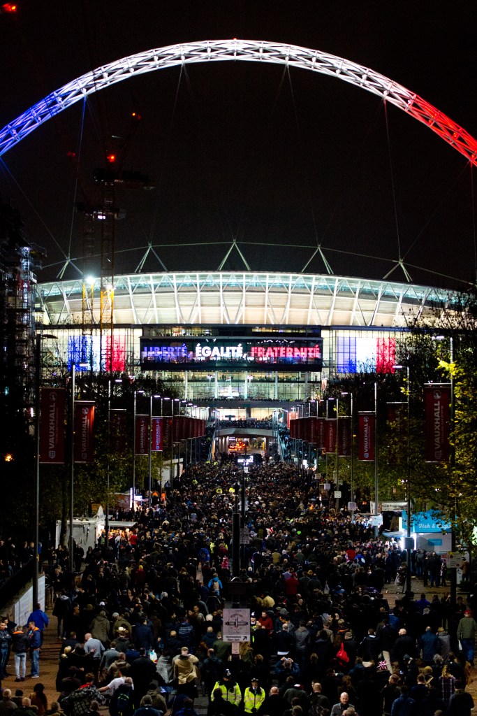 LONDON, ENGLAND - NOVEMBER 17: The words 'Liberte, Igalite, Fraternite' and the colours of the French flag adorn Wembley Stadium ahead of tonight's football match between England and France on November 17, 2015 in London, England. Security in London has tightened after a series of terror attacks across the French capital of Paris on Friday, leaving at least 129 people dead and hundreds more injured. (Photo by Ben Pruchnie/Getty Images)