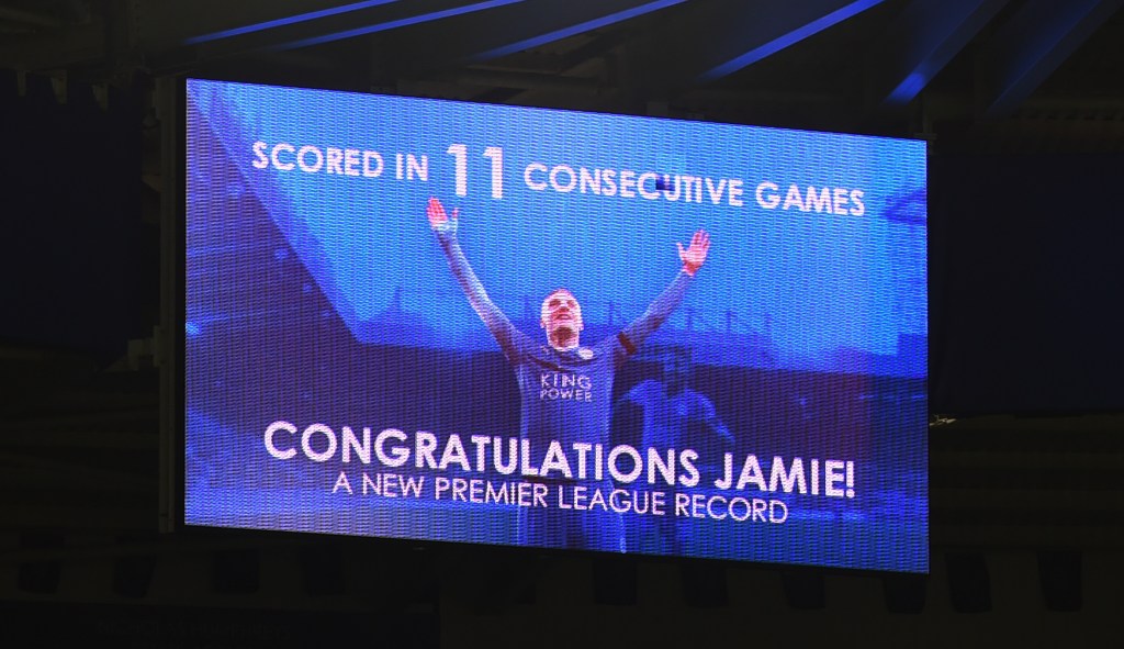 LEICESTER, ENGLAND - NOVEMBER 28: A message to congratulate Jamie Vardy of Leicester City on the new Premier League record of scoring 11 consecutive games is displayed at the screen after the Barclays Premier League match between Leicester City and Manchester United at The King Power Stadium on November 28, 2015 in Leicester, England. (Photo by Michael Regan/Getty Images)