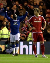MIDDLESBROUGH, ENGLAND - DECEMBER 01: Romelu Lukaku (L) of Everton celebrates scoring during their Capital One Cup Quarter Final at Riverside Stadium on December 1, 2015 in Middlesbrough, England. (Photo by Nigel Roddis/Getty Images)