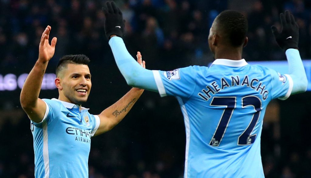 MANCHESTER, ENGLAND - JANUARY 16: Sergio Aguero of Manchester City celebrates with team-mate Kelechi Iheanacho after scoring his team's second goal during the Barclays Premier League match between Manchester City and Crystal Palace at Etihad Stadium on January 16, 2016 in Manchester, England. (Photo by Alex Livesey/Getty Images)