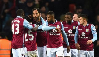 BIRMINGHAM, ENGLAND - JANUARY 12: Joleon Lescott of Aston Villa (3L) celebrates with team mates as he scores their first goal with a header during the Barclays Premier League match between Aston Villa and Crystal Palace at Villa Park on January 12, 2016 in Birmingham, England. (Photo by Shaun Botterill/Getty Images)