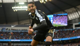 MANCHESTER, ENGLAND - FEBRUARY 06: Riyad Mahrez of Leicester City celebrates scoring his team's second goal during the Barclays Premier League match between Manchester City and Leicester City at the Etihad Stadium on February 6, 2016 in Manchester, England. (Photo by Michael Regan/Getty Images)