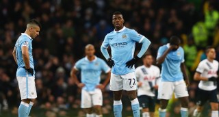 MANCHESTER, ENGLAND - FEBRUARY 14: Kelechi Iheanacho and Sergio Aguero of Manchester City look dejected after the second Spurs goal during the Barclays Premier League match between Manchester City and Tottenham Hotspur at Etihad Stadium on February 14, 2016 in Manchester, England. (Photo by Clive Brunskill/Getty Images)