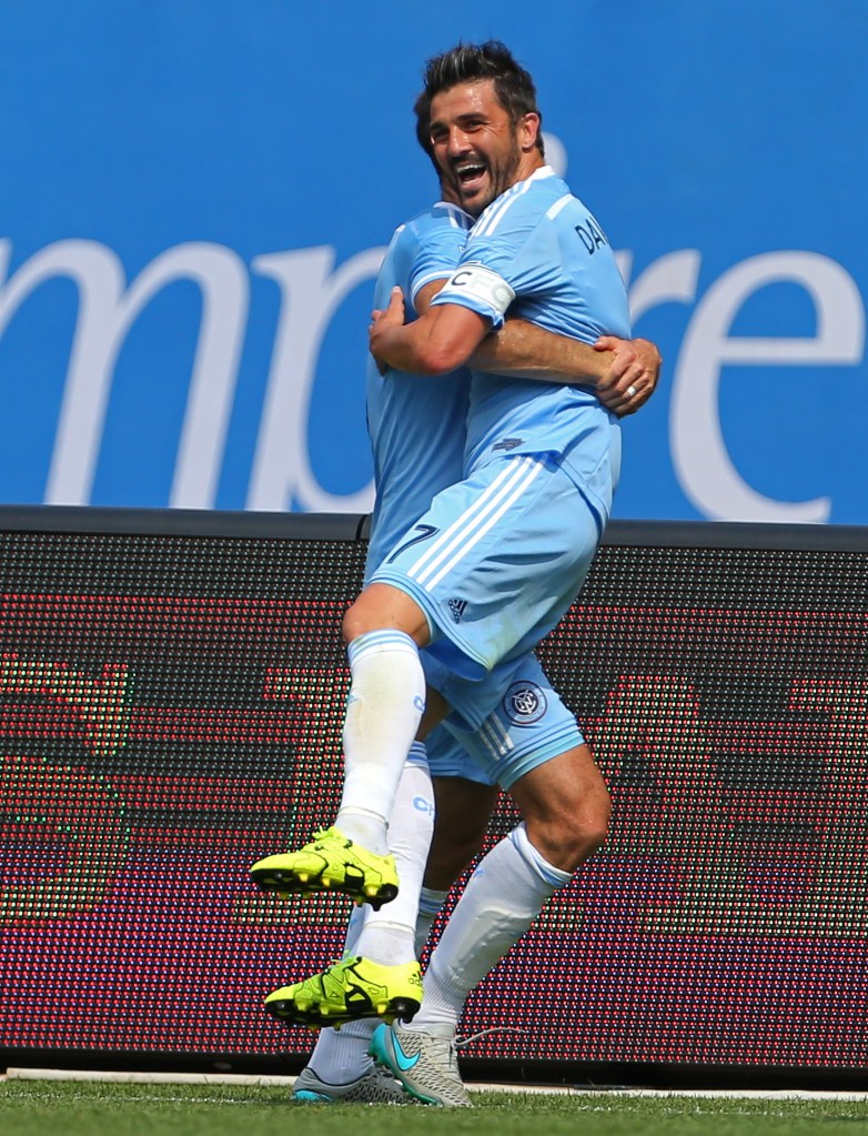 NEW YORK, NY - JULY 12: David Villa #7 of New York City FC celebrates after scoring a goal against the Toronto FC during a soccer game at Yankee Stadium on July 12, 2015 in the Bronx borough of New York City. (Photo by Adam Hunger/Getty Images)