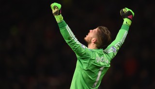 MANCHESTER, ENGLAND - MARCH 02: David De Gea of Manchester United celebrates the opening goal scored by Juan Mata (not pictured) during the Barclays Premier League match between Manchester United and Watford at Old Trafford on March 2, 2016 in Manchester, England. (Photo by Laurence Griffiths/Getty Images)
