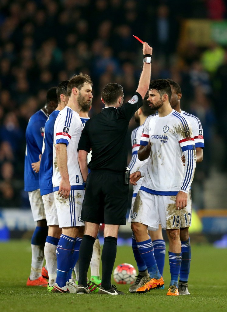 LIVERPOOL, ENGLAND - MARCH 12: Diego Costa of Chelsea is shown a red card by referee Michael Oliver during the Emirates FA Cup sixth round match between Everton and Chelsea at Goodison Park on March 12, 2016 in Liverpool, England.  (Photo by Chris Brunskill/Getty Images)