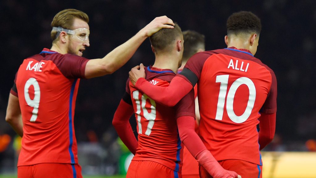 BERLIN, GERMANY - MARCH 26: Jamie Vardy (2nd L) of England celebrates scoring his team's second goal with his team mates Harry Kane (1st L), Dele Alli (2nd R) of England during the International Friendly match between Germany and England at Olympiastadion on March 26, 2016 in Berlin, Germany. (Photo by Mike Hewitt/Getty Images)