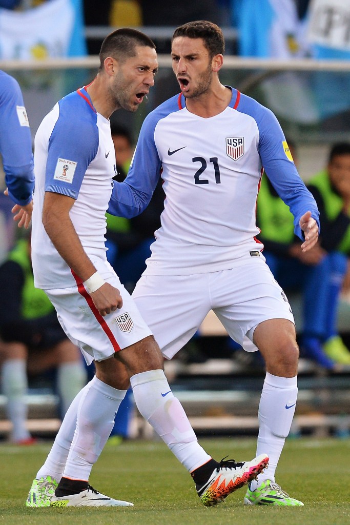 COLUMBUS, OH - MARCH 29: Clint Dempsey #8 of the United States Men's National Team celebrates his first half goal against Guatemala with Steve Birnbaum #21 of the United States Men's National Team during the FIFA 2018 World Cup qualifier on March 29, 2016 at MAPFRE Stadium in Columbus, Ohio. (Photo by Jamie Sabau/Getty Images)