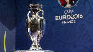 The European soccer championships trophy is put on display before a press conference to mark the hundred days to go before the start of Euro 2016 soccer tournament, in Paris, Wednesday, March 2, 2016. (AP Photo/Christophe Ena)
