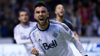 Vancouver Whitecaps' Pedro Morales, of Chile, celebrates after scoring a goal on a penalty kick against NYC FC during the second half of an MLS soccer match in Vancouver, British Columbia, on Saturday, Sept. 26, 2015. (Darryl Dyck/The Canadian Press via AP)