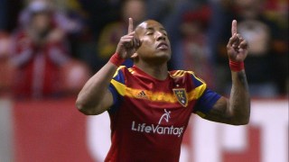Real Salt Lake forward Joao Plata (8) gestures while walking during an MLS soccer game against New York City FC Saturday, May 23, 2015, in Sandy, Utah. (Leah Hogsten/The Salt Lake Tribune via AP) DESERET NEWS OUT; LOCAL TELEVISION OUT; MAGS OUT