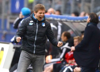 Hoffenheim's coach Julian Nagelsmann celebrates during a German Bundesliga soccer match between Hamburger SV and TSG 1899 Hoffenheim in Hamburg, Saturday, March 19,2016. (Dominik Fluegel/dpa via AP)
