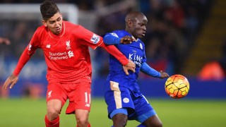LEICESTER, ENGLAND - FEBRUARY 02: Ngolo Kante of Leicester City and Roberto Firmino of Liverpool compete for the ball during the Barclays Premier League match between Leicester City and Liverpool at The King Power Stadium on February 2, 2016 in Leicester, England.  (Photo by Michael Regan/Getty Images)