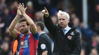 LONDON, ENGLAND - APRIL 09:  Alan Pardew (R) Manager of Crystal Palace and Yohan Cabaye (L) applaud home supporters after their 1-0 win in the Barclays Premier League match between Crystal Palace and Norwich City at Selhurst Park on April 9, 2016 in London, England.  (Photo by Tom Dulat/Getty Images)
