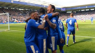 LEICESTER, ENGLAND - APRIL 17: Leonardo Ulloa of Leicester City celebrates with team mates after scoring his team's second goal of the game from the penalty spot during the Barclays Premier League match between Leicester City and West Ham United at The King Power Stadium on April 17, 2016 in Leicester, England. (Photo by Michael Regan/Getty Images)