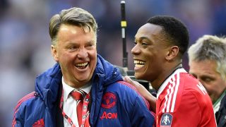 LONDON, ENGLAND - APRIL 23: Louis van Gaal manager of Manchester United celebrates with winning goalscorer Anthony Martial of Manchester United after victory in The Emirates FA Cup semi final match between Everton and Manchester United at Wembley Stadium on April 23, 2016 in London, England. (Photo by Mike Hewitt/Getty Images)