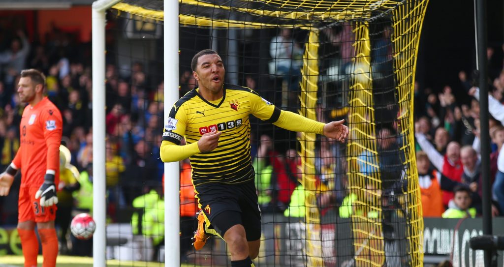 WATFORD, ENGLAND - APRIL 30: Troy Deeney of Watford celebrates scoring his team's second goal during the Barclays Premier League match between Watford and Aston Villa at Vicarage Road on April 30, 2016 in Watford, England. (Photo by Clive Rose/Getty Images)