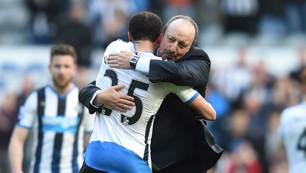 NEWCASTLE UPON TYNE, UNITED KINGDOM - APRIL 30: Rafael Benitez (R) manager of Newcastle United congratulates Andros Townsend (L) after their 1-0 win in the Barclays Premier League match between Newcastle United and Crystal Palace at St James' Park on April 30, 2016 in Newcastle upon Tyne, England. (Photo by Michael Regan/Getty Images)