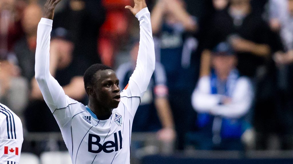 Vancouver Whitecaps' Kekuta Manneh, of Gambia, celebrates his goal against the Los Angeles Galaxy during the second half of an MLS soccer game on Saturday, April 19, 2014, in Vancouver, British Columbia. (AP Photo/The Canadian Press, Darryl Dyck)