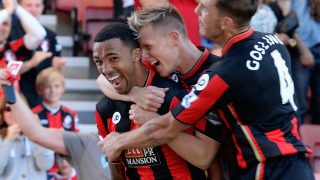 BOURNEMOUTH, ENGLAND - SEPTEMBER 19: Callum Wilson (L) of A.F.C. Bournemouth celebrates scoring their first goal with Matt Ritchie and Dan Gosling during the Barclays Premier League match between A.F.C. Bournemouth and Sunderland at the Vitality Stadium on September 19, 2015 in Bournemouth, United Kingdom. (Photo by Tony Marshall/Getty Images)