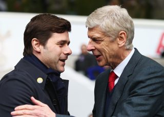 LONDON, ENGLAND - MARCH 05: Arsene Wenger manager of Arsenal and Mauricio Pochettino manager of Tottenham Hotspur shake hands prior to the Barclays Premier League match between Tottenham Hotspur and Arsenal at White Hart Lane on March 5, 2016 in London, England. (Photo by Clive Rose/Getty Images)
