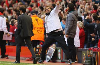 LIVERPOOL, UNITED KINGDOM - MAY 05: Jurgen Klopp manager of Liverpool celebrates as Bruno of Villarreal scores an own goal for their first goal during the UEFA Europa League semi final second leg match between Liverpool and Villarreal CF at Anfield on May 5, 2016 in Liverpool, England. (Photo by Richard Heathcote/Getty Images)