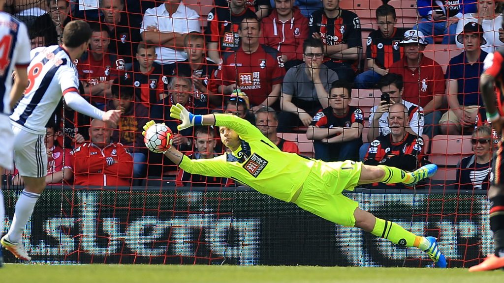 BOURNEMOUTH, ENGLAND - MAY 07: Artur Boruc of Bournemouth saves the penalty of Craig Gardner of West Brom during the Barclays Premier League match between A.F.C. Bournemouth and West Bromwich Albion at the Vitality Stadium on May 7, 2016 in Bournemouth, United Kingdom. (Photo by Ben Hoskins/Getty Images)