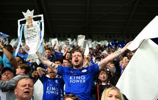 LEICESTER, ENGLAND - MAY 07: Leicester City supporters enjoy the atmosphere prior to the Barclays Premier League match between Leicester City and Everton at The King Power Stadium on May 7, 2016 in Leicester, United Kingdom. (Photo by Shaun Botterill/Getty Images)