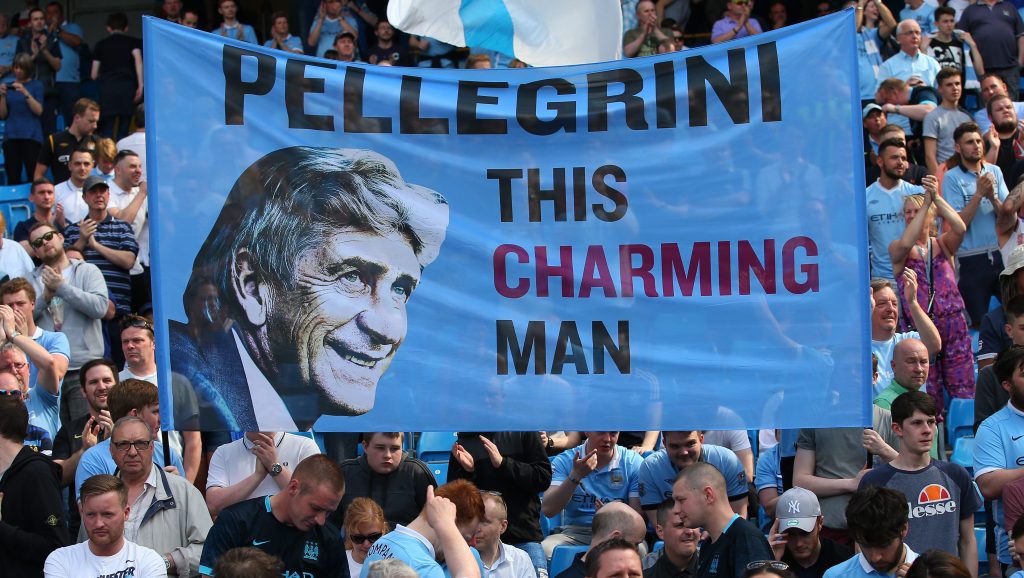 MANCHESTER, ENGLAND - MAY 08: Manchester City fans show their support to Manuel Pellegrini, Manager of Manchester City during the Barclays Premier League match between Manchester City and Arsenal at the Etihad Stadium on May 8, 2016 in Manchester, England. (Photo by Alex Livesey/Getty Images)