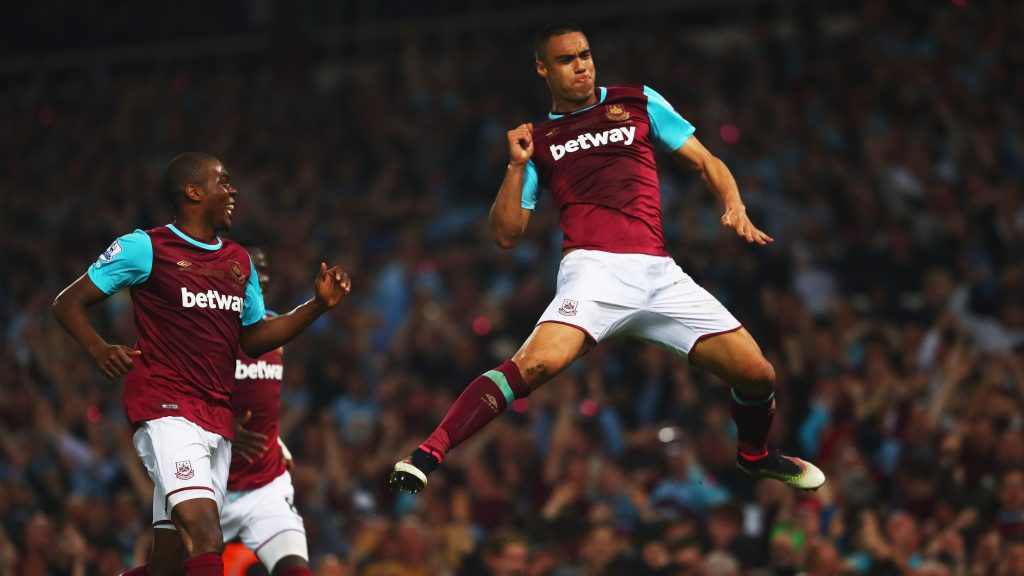 LONDON, ENGLAND - MAY 10: Winston Reid of West Ham United celebrates as he scores their third goal during the Barclays Premier League match between West Ham United and Manchester United at the Boleyn Ground on May 10, 2016 in London, England. West Ham United are playing their last ever home match at the Boleyn Ground after their 112 year stay at the stadium. The Hammers will move to the Olympic Stadium for the 2016-17 season. (Photo by Julian Finney/Getty Images)