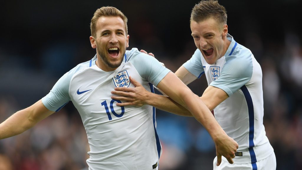 MANCHESTER, ENGLAND - MAY 22: Harry Kane of England celebrates with Jamie Vardy of England after he scored the opening goal during the International Friendly match between England and Turkey at Etihad Stadium on May 22, 2016 in Manchester, England. (Photo by Laurence Griffiths/Getty Images)