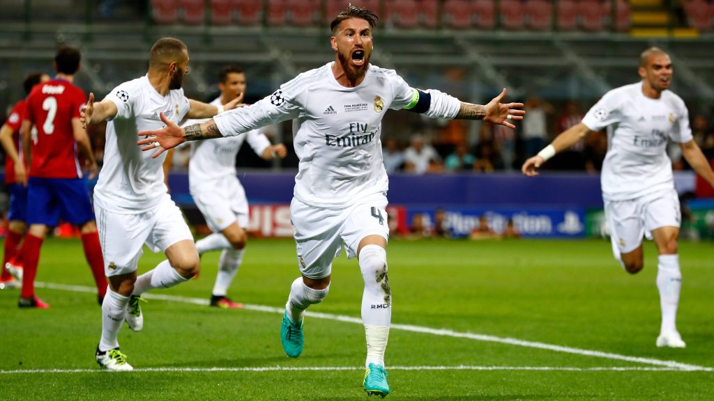 MILAN, ITALY - MAY 28: Sergio Ramos of Real Madrid celebrates after scoring the opening goal during the UEFA Champions League Final match between Real Madrid and Club Atletico de Madrid at Stadio Giuseppe Meazza on May 28, 2016 in Milan, Italy. (Photo by Clive Rose/Getty Images)