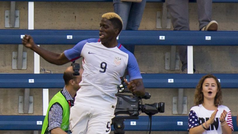 KANSAS CITY, KS - MAY 28: Gyasi Zardes #9 of USA celebrates after scoring the first goal against Bolivia in the first half of the COPA America Centenario USA 2016 on May 28, 2016 at Children's Mercy Park in Kansas City, Kansas. (Photo by Kyle Rivas/Getty Images)