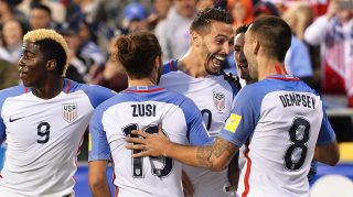 COLUMBUS, OH - MARCH 29:  Geoff Cameron #20 of the United States Men's National Team celebrates his first half goal against Guatemala with Graham Zusi #19 of the United States Men's National Team and Clint Dempsey #8 of the United States Men's National Team during the FIFA 2018  World Cup qualifier on March 29, 2016 at MAPFRE Stadium in Columbus, Ohio.  (Photo by Jamie Sabau/Getty Images)