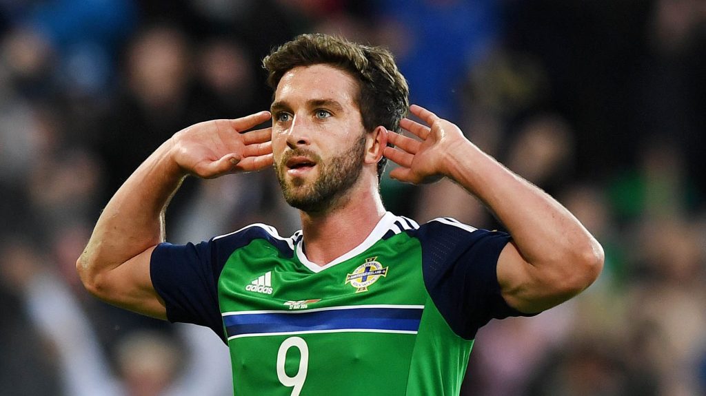 BELFAST, NORTHERN IRELAND - MAY 27: Will Grigg of Northern Ireland celebrates after scoring during the international friendly game between Northern Ireland and Belarus on May 27, 2016 in Belfast, Northern Ireland. (Photo by Charles McQuillan/Getty Images)