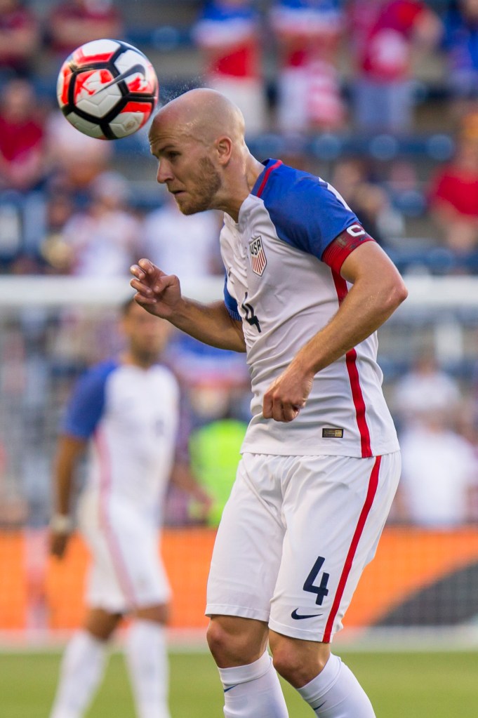 KANSAS CITY, KS - MAY 28: Michael Bradley #4 of USA directs a header away from the Bolivia forwards in the first half of an international friendly match between Bolivia and the United States on May 28, 2016 at Children's Mercy Park in Kansas City, Kansas. (Photo by Kyle Rivas/Getty Images)