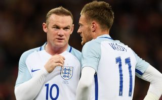 LONDON, ENGLAND - JUNE 02: Wayne Rooney (L) and Jamie Vardy (R) of England speak during the international friendly match between England and Portugal at Wembley Stadium on June 2, 2016 in London, England. (Photo by Shaun Botterill/Getty Images)