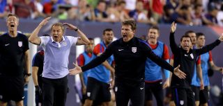 PHILADELPHIA, PA - JUNE 11: Head coach Jurgen Klinsmann of the United States reacts after Paraguay is not called on a play in the second half during the Copa America Centenario Group C match at Lincoln Financial Field on June 11, 2016 in Philadelphia, Pennsylvania.The United States defeated Paraguay 1-0. (Photo by Elsa/Getty Images)