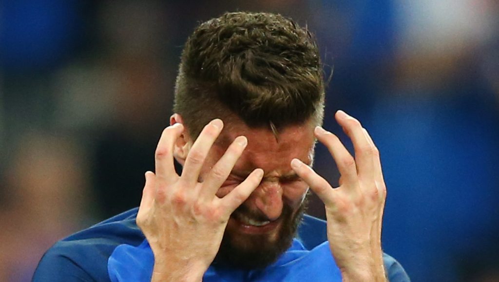 MARSEILLE, FRANCE - JUNE 15: Olivier Giroud of France looks dejected following a missed chance during the UEFA EURO 2016 Group A match between France and Albania at Stade Velodrome on June 15, 2016 in Marseille, France. (Photo by Alex Livesey/Getty Images)